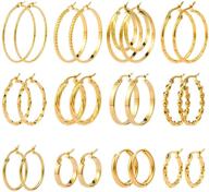 difei 12 pairs gold hoop earrings set - stainless steel twisted round small chunky hoop earrings for women & teen girls logo