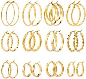 img 4 attached to Difei 12 Pairs Gold Hoop Earrings Set - Stainless Steel Twisted Round Small Chunky Hoop Earrings for Women & Teen Girls