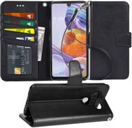 arae case for lg stylo 6: premium pu leather wallet cover with stand, wrist strap, and 4-slots for id & credit cards - black logo