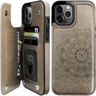 vaburs iphone 12 pro max case wallet with card holder: embossed mandala pattern, double magnetic buttons, gray logo