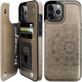 img 4 attached to Vaburs iPhone 12 Pro Max Case Wallet with Card Holder: Embossed Mandala Pattern, Double Magnetic Buttons, Gray