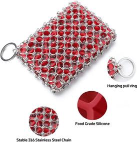 img 3 attached to 🍳 SGAGO Cast Iron Skillet Cleaner with Built-in Silicone and 316 Stainless Steel Chainmail for Easy Cleaning of Cast Iron Pan, Griddle, Baking Kitchen Cookware – Dishwasher Safe (Red)