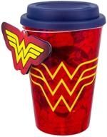 🦸 wonder woman travel mug: 450ml soft plastic reusable commuter cup, insulated coffee & tea flask, easy clean, keeps drinks hot – spill & leak proof multicolour design логотип