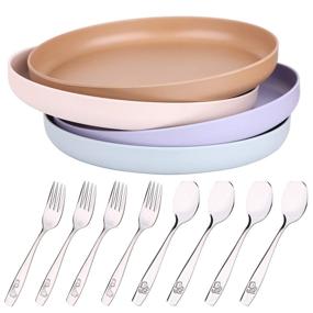 img 4 attached to 🌿 Eco-Friendly Bamboo Plates and Stainless Steel Silverware Set for Kids - 12-Piece Self-Feeding Dishwasher Safe Tableware