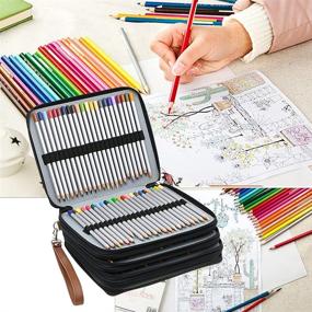 img 3 attached to BTSKYColored Pencil Case Holder- Big Capacity Deluxe PU Leather Storage Pencil Organizer Holds 160 Pencils With Handle Strap For School College Office Watercolor Pencils Organization(Brown)