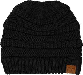 img 1 attached to 🧦 Knit Stretchy Beanie Winter Cap Hat - C.C Criss Cross Ponytail Messy Buns