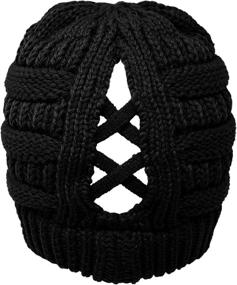 img 3 attached to 🧦 Knit Stretchy Beanie Winter Cap Hat - C.C Criss Cross Ponytail Messy Buns