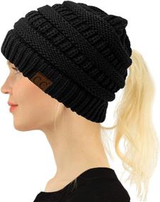 img 2 attached to 🧦 Knit Stretchy Beanie Winter Cap Hat - C.C Criss Cross Ponytail Messy Buns