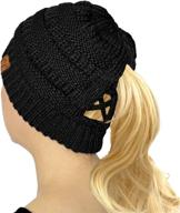 🧦 knit stretchy beanie winter cap hat - c.c criss cross ponytail messy buns логотип