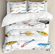 ambesonne fishing duvet cover set, fishing equipment objects trolling angling netting gathering activity, decorative 3 piece bedding set with 2 pillow shams, king size, white gray logo