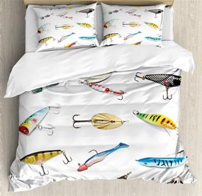 img 2 attached to Ambesonne Fishing Duvet Cover Set, Fishing Equipment Objects Trolling Angling Netting Gathering Activity, Decorative 3 Piece Bedding Set with 2 Pillow Shams, King Size, White Gray