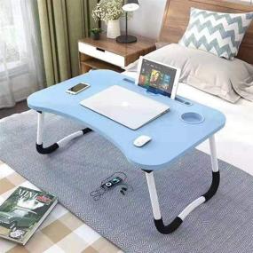 img 4 attached to 🔵 OPPIS Складной стол для ноутбука - Столик для колен с держателем для кружки и ячейкой для планшета для использования в кровати, для завтрака, для письма, для рисования - Синий