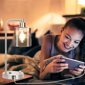 img 2 attached to 💡 Pair of Industrial Table Lamps with USB Port, AC Outlet, Stepless Dimming for Bedrooms, Silver Bedside Nightstand Desk Lamps with Glass Shade for Living Room, Includes 2 LED Bulbs