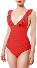 img 3 attached to 👙 Flattering & Stylish: Soyml Women's One Piece Swimsuit with Criss Cross Tie Back & Tummy Control - Ruffle Solid Monokinis for Elegant Swimwear