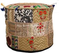 🪑 dk homewares vintage indian patchwork pouf ottoman cover: beige round footstool with floral embroidery. traditional home décor cotton pouf chair seat - 18x18x13 inch logo