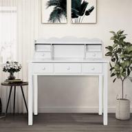 grey home office writing desk with detachable hutch, computer work station and 5 drawers logo