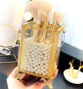 img 2 attached to 💄 FSyueyun Vintage Makeup Brush Cup Organizer with Pearls - Brass and Glass Holder for Dresser Table - Gold Makeup Brush Holder for Cosmetic Brushes