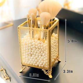 img 1 attached to 💄 FSyueyun Vintage Makeup Brush Cup Organizer with Pearls - Brass and Glass Holder for Dresser Table - Gold Makeup Brush Holder for Cosmetic Brushes