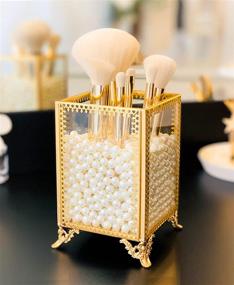 img 4 attached to 💄 FSyueyun Vintage Makeup Brush Cup Organizer with Pearls - Brass and Glass Holder for Dresser Table - Gold Makeup Brush Holder for Cosmetic Brushes