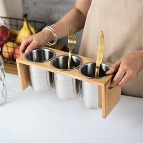 img 3 attached to Stainless Steel Flatware Holder Caddy Organizer with Wood Base 🍴 - Ideal for Countertop, Parties & Kitchen - IMEEA Silverware Utensil Caddy