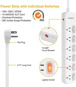img 3 attached to Suraielec Power Strip Individual Switches: 8 FT Long Flat Plug Extension Cord 🔒 with 6 Outlet Surge Protector, On Off Switches, 15 AMP Safety Circuit Breaker, Wall Mountable
