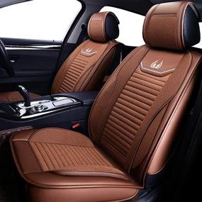 img 3 attached to 🚗 OASIS AUTO Leather & Fabric Car Seat Covers, Faux Leatherette Automotive Vehicle Cushion Cover for Cars SUV Pick-up Truck - Universal Fit Set, Brown (OS-008 Front Pair)