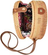 🌴 stylish handwoven round rattan bag: embrace the tropical beach vibe with this woven shoulder rattan bag featuring a leather strap logo