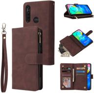 moto g power 2020 wallet case - leather zipper magnetic purse with 6 card slots - protective back cover, compatible with moto g power (coffee) logo