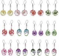 wholesale bulk pack of 4-12 multicolor dangle earrings for women and girls - floral tree of life ball hypoallergenic drop earrings set logo