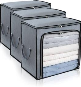 img 4 attached to DIMJ 100L Large Capacity Clothes Storage Bag: 3 Pack Foldable Closet Organizers for Comforters, Blankets, Bedding -Sturdy Zipper, Clear Window, Reinforced Handle - Grey