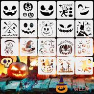 🎃 18 halloween painting stencils - reusable plastic craft templates with pumpkin, skeleton, bat, ghost, owl, and hat designs for paper, fabric, window, airbrush, and wall art - 5.3x5.3 inch logo