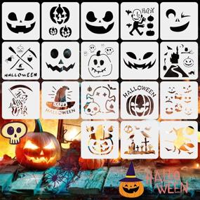 img 4 attached to 🎃 18 Halloween Painting Stencils - Reusable Plastic Craft Templates with Pumpkin, Skeleton, Bat, Ghost, Owl, and Hat Designs for Paper, Fabric, Window, Airbrush, and Wall Art - 5.3x5.3 Inch