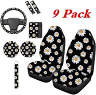 🌼 toaddmos 9-piece decorative daisy floral front seat cover set with steering wheel cover, armrest cover, seat belt pads, cup holder coasters, and wrist lanyard keychain logo