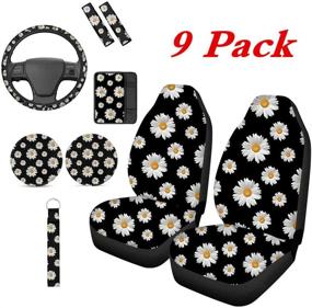 img 4 attached to 🌼 ToadDMOS 9-Piece Decorative Daisy Floral Front Seat Cover Set with Steering Wheel Cover, Armrest Cover, Seat Belt Pads, Cup Holder Coasters, and Wrist Lanyard Keychain