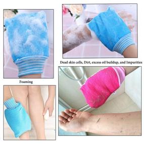 img 2 attached to 🧤 LissomPlume 2-Pack Unisex Exfoliating Bath Mitts for Body – Hammam Shower Gloves with Hand Scrub Towel in Rose Red & Blue Shades