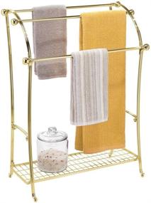 img 4 attached to 🛀 mDesign Brass Towel Rack Holder with Storage Shelf - 3 Tier Metal Organizer for Bath & Hand Towels, Washcloths, Bathroom Accessories - Large Freestanding