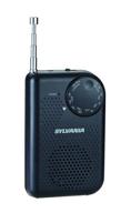 compact black am/fm pocket radio: portable with in-built speaker logo