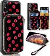 💋 zve case iphone xs/x, 5.8-inch, zipper wallet leather shockproof cover with credit card holder slot handbag print - black kiss logo