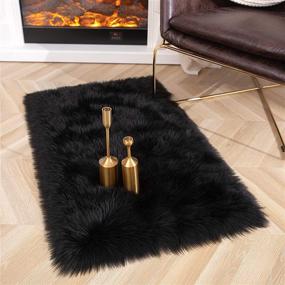 img 2 attached to 🐑 Soft Faux Fur Carpet in Black for Bedroom Living Room Dorm, Sheepsin Rugs for Kids Girls Baby, Fluffy Throw Area Rug for Bedside Fireplace Sofa Couch Home Accent Decor Mat, 2x3 Feet