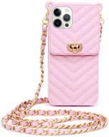 📱 luvi iphone 12 pro max wallet case | crossbody strap, lanyard, neck strap | credit card holder with purse handbag shoulder strap | silicone rubber soft protection cover in pink logo