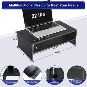 img 1 attached to 🖥️ Black Wood Monitor Stand Riser with 2 Tiers, Cellphone Holder, and Cable Management - Ideal Desk Organizer Stand for Computers, Notebooks, and Printers - ERGO TAB 16.5 inches