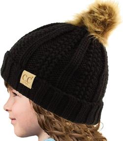img 3 attached to Cozy Sherpa-Lined Knit Beanie Cap Hat for Kids CC Ages 2-7 with Thick Pompom and Stretchy Design