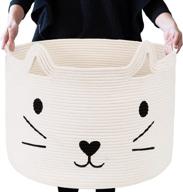 🐱 multipurpose large woven cotton rope basket with handle - ideal for laundry, blankets, toys, and more - cute cat design - 14"x14"x12.5" - l size logo