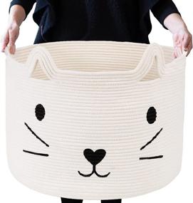 img 4 attached to 🐱 Multipurpose Large Woven Cotton Rope Basket with Handle - Ideal for Laundry, Blankets, Toys, and More - Cute Cat Design - 14"X14"X12.5" - L Size