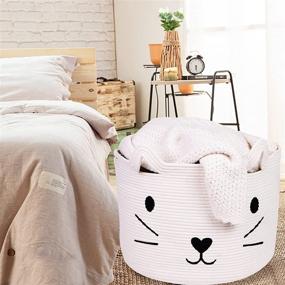 img 2 attached to 🐱 Multipurpose Large Woven Cotton Rope Basket with Handle - Ideal for Laundry, Blankets, Toys, and More - Cute Cat Design - 14"X14"X12.5" - L Size