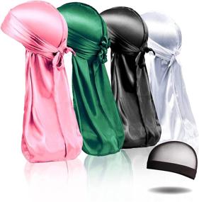 img 4 attached to 🧢 4PCS Silky Durags for Men and Women Waves, Silk Durag Pack with Bonus Wave Cap, Silky Satin Durag with Extra Long Tails