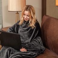 🧥 wearable fleece blanket with sleeves and foot pocket - adult women men, lightweight plush tv wrap throw with adjustable hook and loop - 79 x 67 inches, charcoal (kangaroo pocket) logo