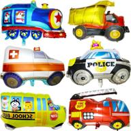 🎈 6pcs vehicle foil balloons: car, school bus, fire truck, train, ambulance, police - ideal birthday party supplies логотип