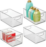 🛁 mdesign clear plastic storage bin with handles - bathroom organizer for cabinet, vanity, shelf, or countertop - deep bath organization for floss, cotton swab, soap, and accessories - 10" long - pack of 4 logo