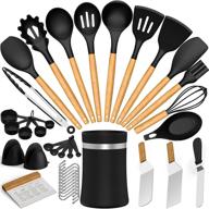 🍳 aikkil 39pcs non-stick silicone cooking utensil set with heat resistant wooden handle and holder - kitchen gadgets tool set for nonstick cookware, black logo